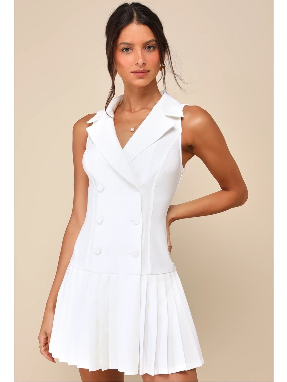 Lulus Posh Vision White Sleeveless Blazer Pleated Mini Dress Large